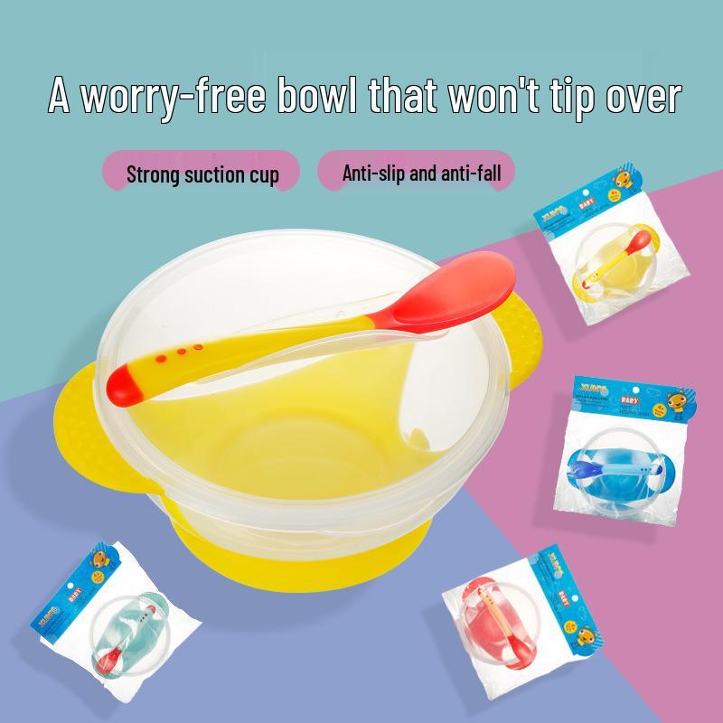 Durable, Non-Slip Suction Bowl Set for Toddlers: Includes Training Bowl, Temperature-Sensitive Spoon, Fork, and Lid