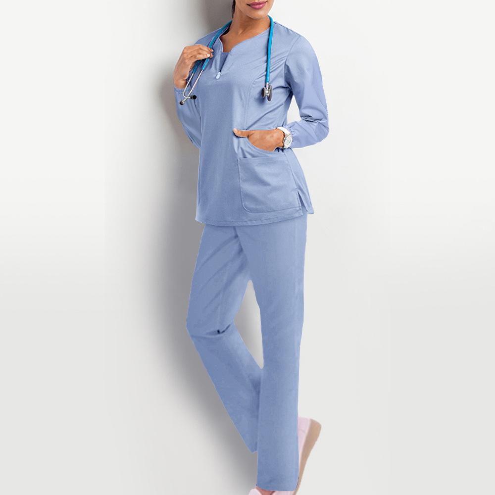 Unisex Hospital Workwear Long Sleeves Stretch Scrub Nurse Uniform V-neck With Pocket