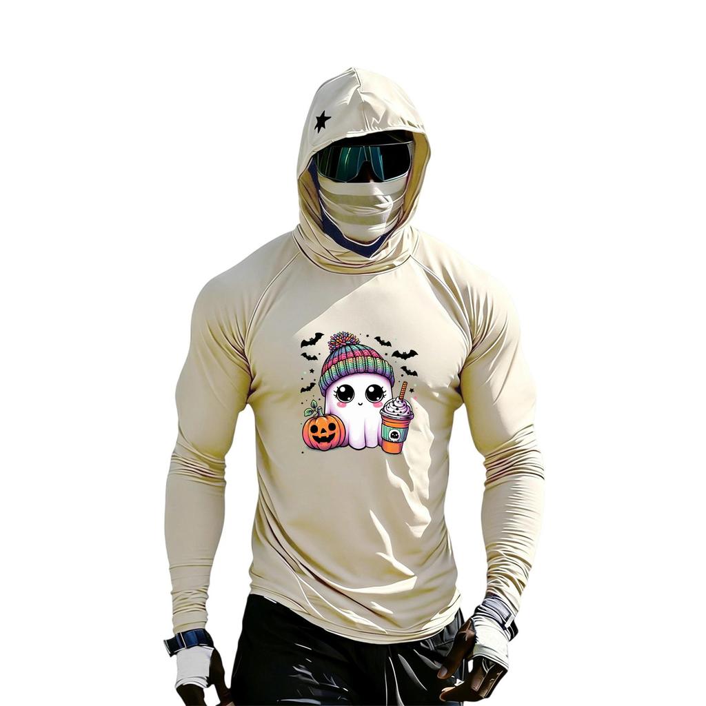 Men's Casual Long Sleeve Hooded Raglan Sun Top with Colorblock and Halloween Print