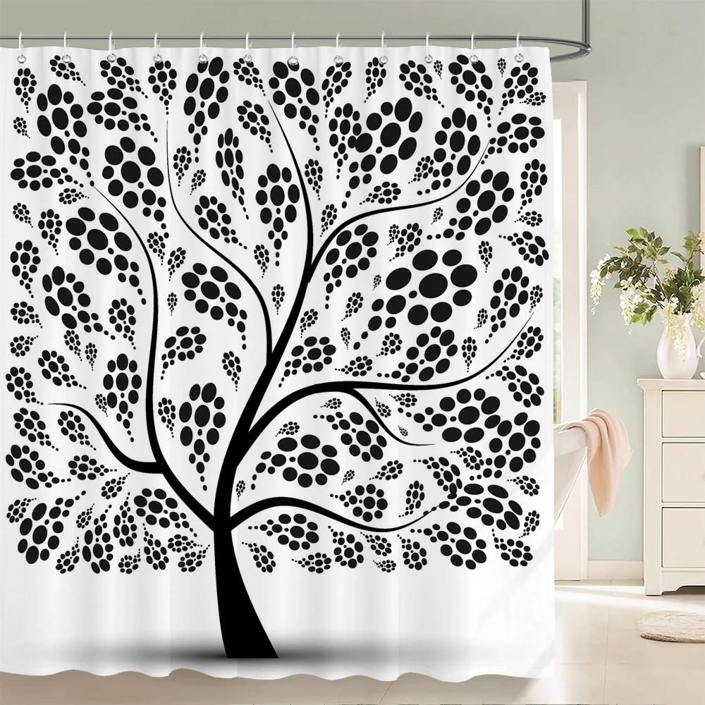 Black And White Printing Leaves Plant Shower Curtain, Simple Art Tree Texture Fabric Waterproof Bathroom Curthroom Decor Curtain
