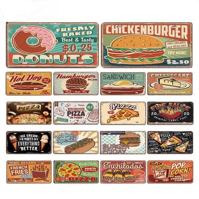 Vintage Delicious Foods Plate Metal Aluminum Sign Pizza Hot Roll Sandwich Donuts Metal Poster Home Cafe Restaurant Wall Decor