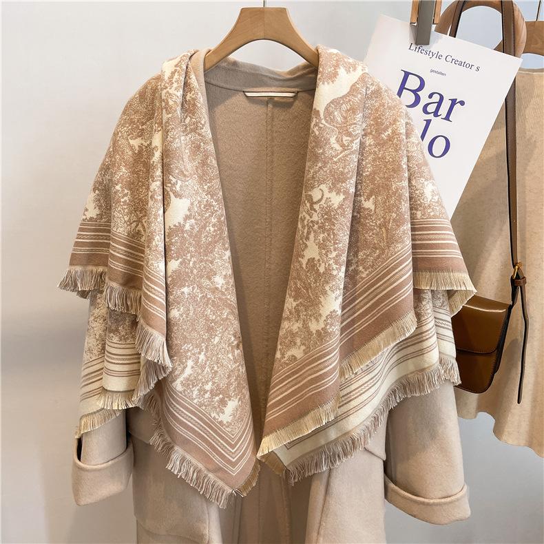 122*128cm Oversized  Imitation Cashmere Wrap with Tassels, Floral Travel Blanket Cape Pashmina Shawl for Women, Versatile scarf