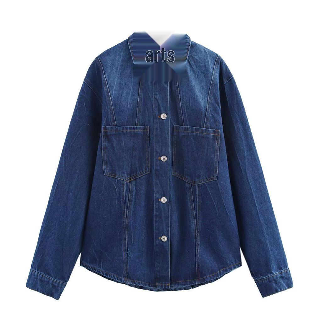 Women's Spring 2025 Versatile Long-Sleeve Denim Jacket with Turn-Down Collar