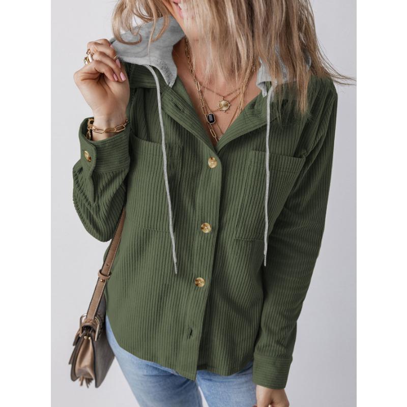 Women S Plus Size Solid Color Hooded Button Long Sleeve Casual Jacket