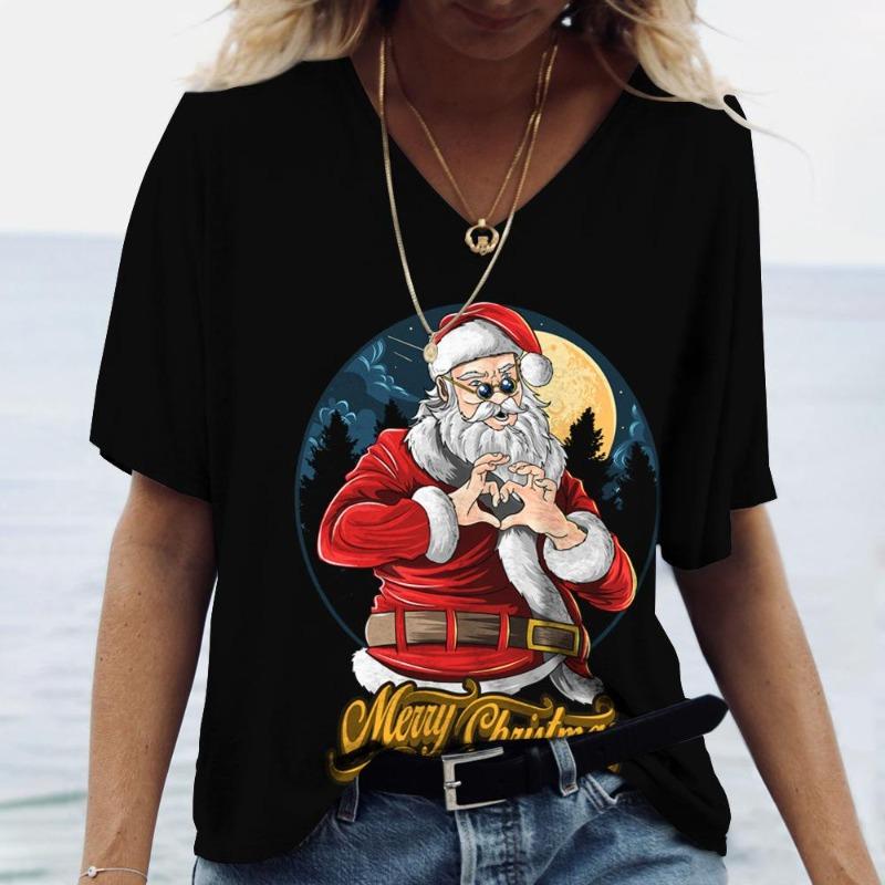 Plus Size 6XL Merry Christmas Women's Short sleeved V-neck T-shirt Christmas Tree Santa Claus Letter Print Simple Trendy Trend Women Clothing
