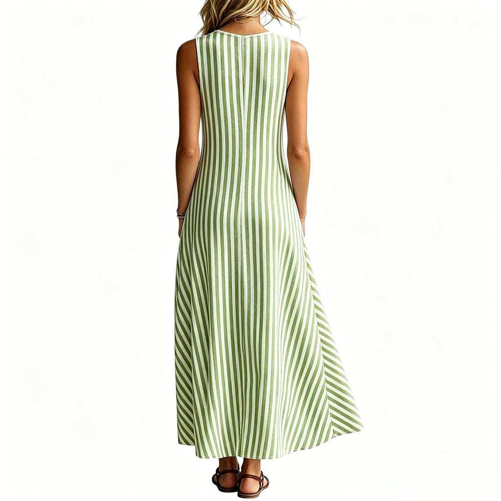 Women's Casual Sleeveless V Neck Maxi Dress with Vertical Stripes Button Detail Side Pockets Comfortable Loose Fit Summer Dress