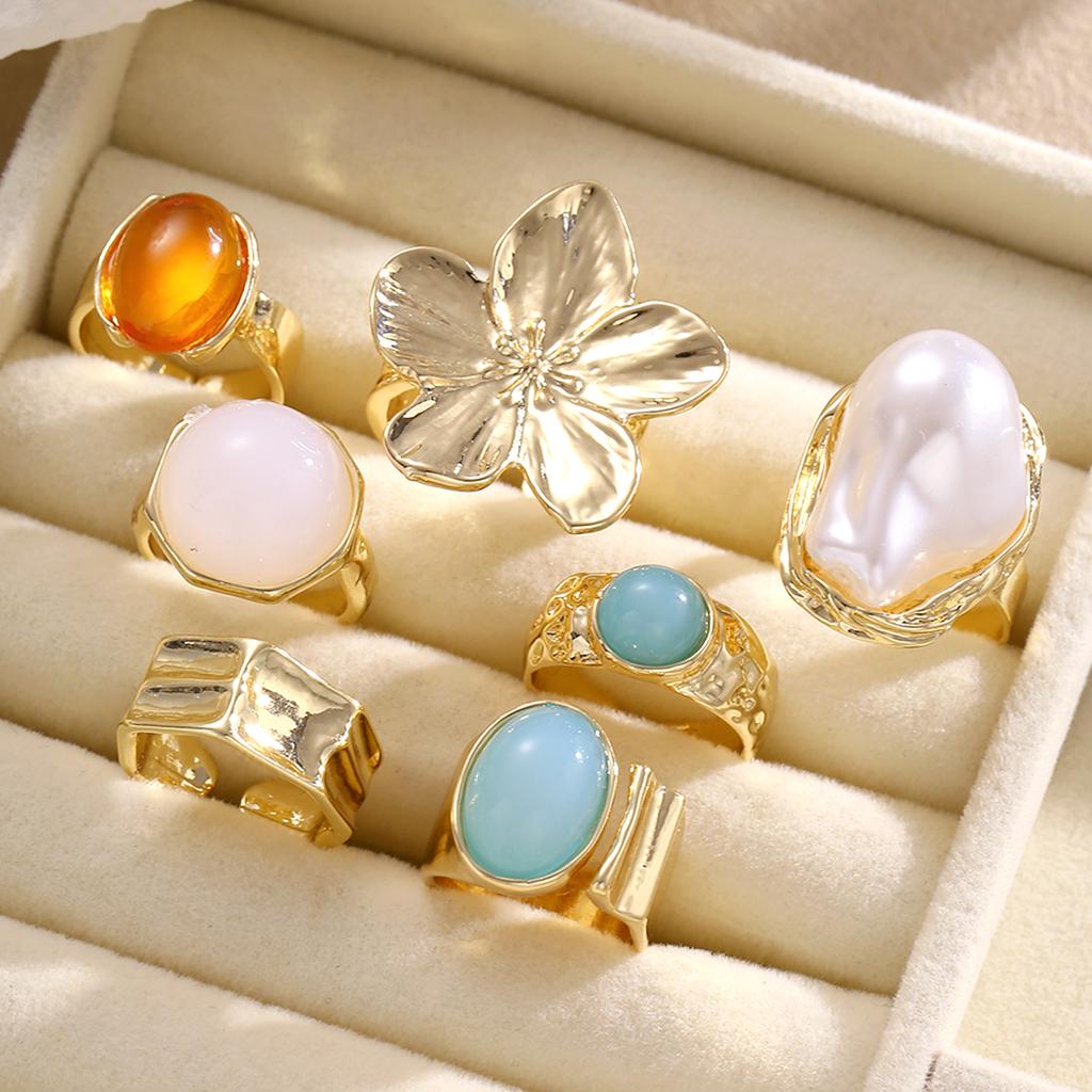 5/7Pcs/Set Vintage Acrylic Gemstone Rings Sets For Women Geometric Irregular Gold Color Flower Rings Fashion Adjustable Jewelry