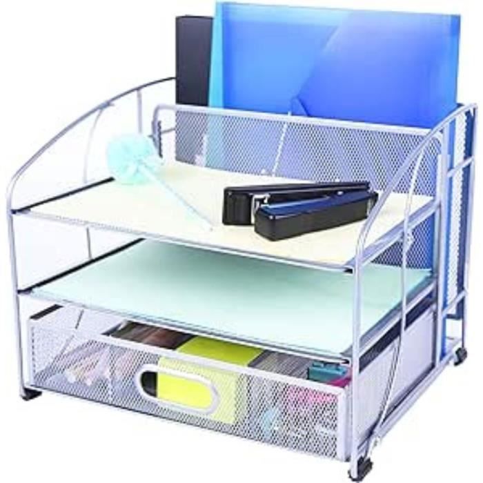 Organisateur De Bureau - Exerz - 3 Plateaux - Tiroir Coulissant - Métal Maillé - Argent Nouveau