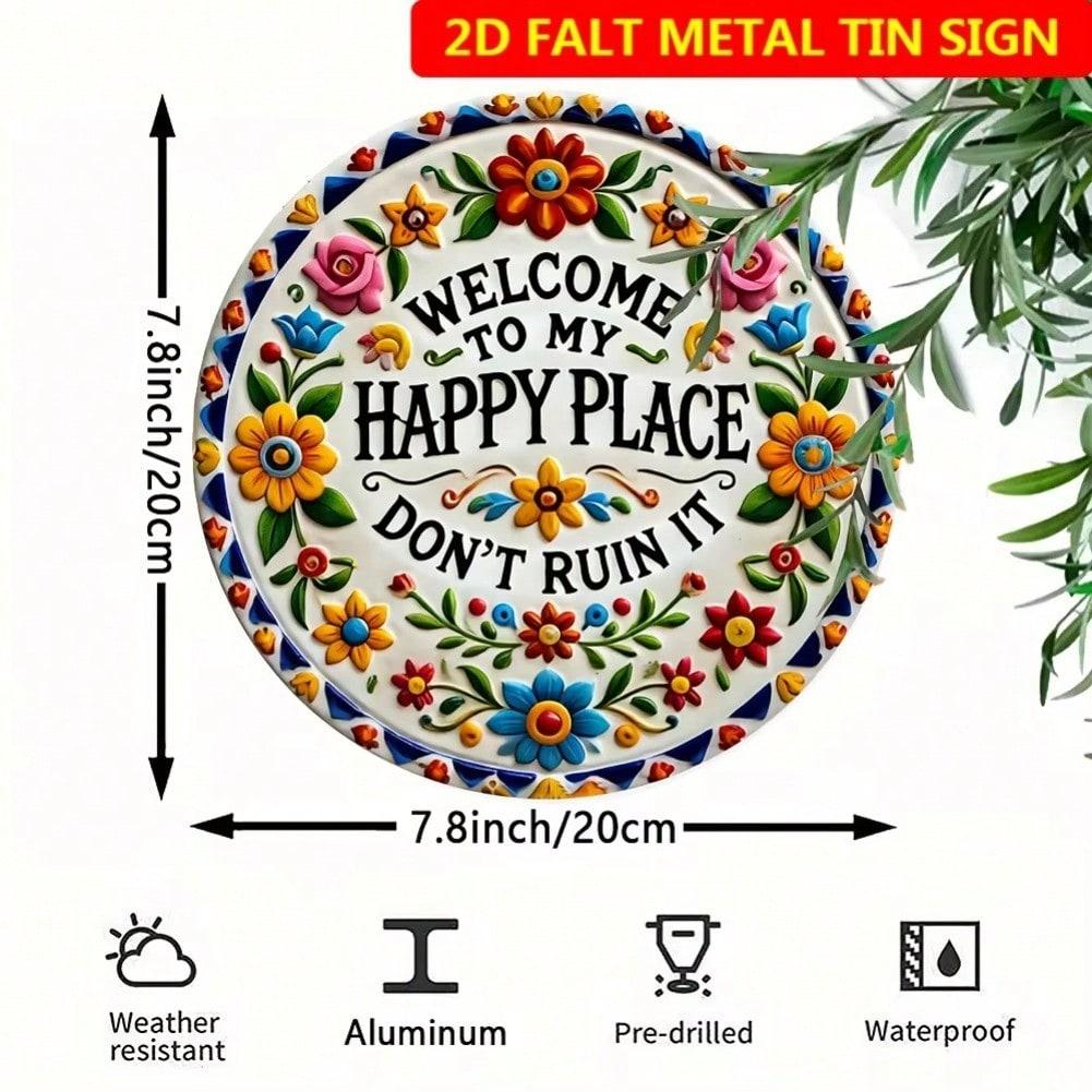 Floral Welcome Sign Round Metal Wall Art Home Decor Happy Place 20x20