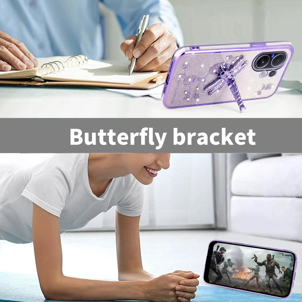 For Vivo V60 5G Case Dragonfly Kickstand TPU Flowers Glitter Phone Cover