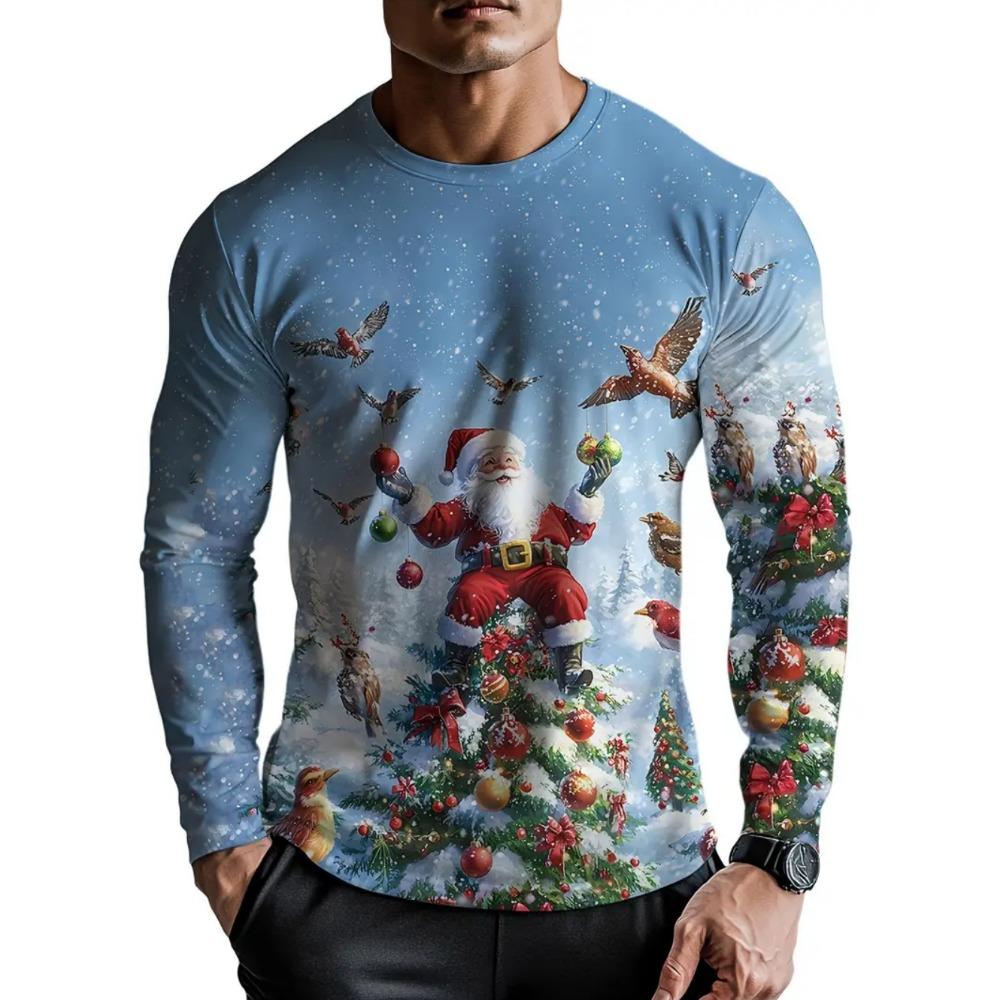 Merry Christmas Men's Long Sleeve T-Shirt, 3D Printed Santa Claus Pattern Casual Pullover, Fashionable Cool O-Neck Y2K Style Clothing