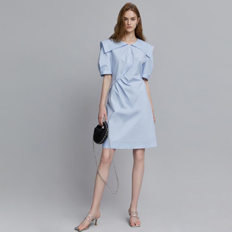 ELLE French Design High-Quality Short Sleeve Dress Women Dresses Blue EL35150
