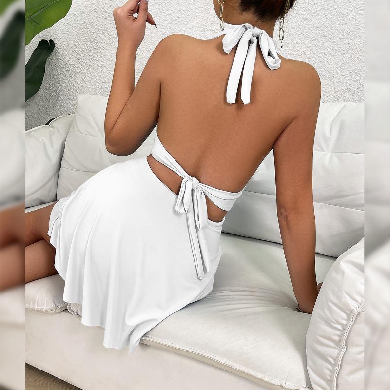Women's Sexy White Halter Deep V-neck Dress Elegant Pleated Waist A-line Mini Skirt Fashionable Summer Backless Beach Party Club Short Dress