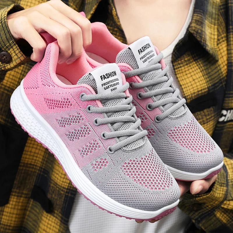 Women Casual Shoes Breathable Lace Up Walking Mesh Flat Shoes Women Tennis Pink Black White Sneakers