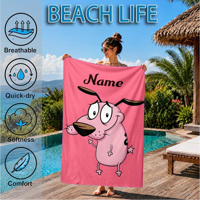 Custom Name Cowardly Dog Adventure Beach Towel Microfiber Beach Towel, Lightweight and Quick-Dry, for Summer Travel, Swimming Pool Gift