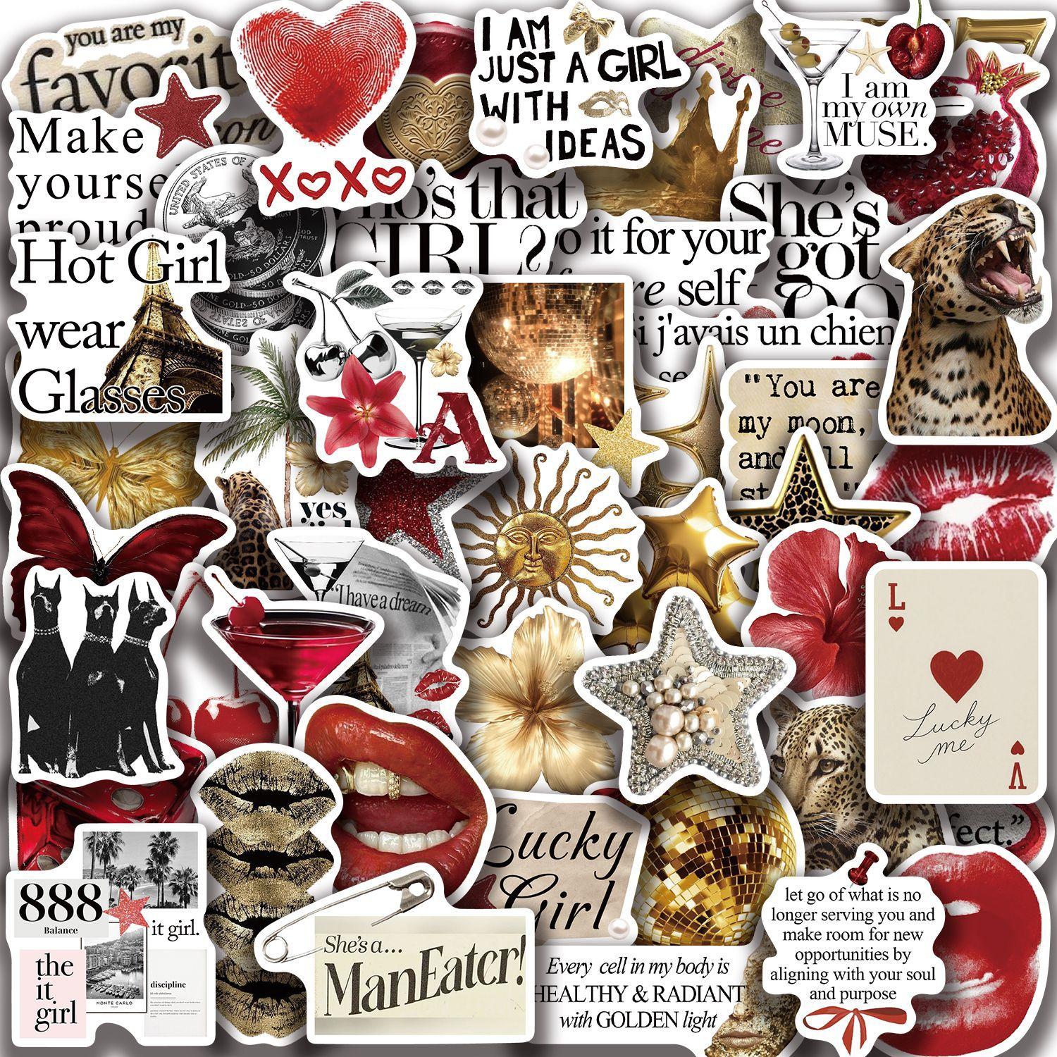 

50pcs Red Golden Silvery Lucky Stickers Aesthetic Stickers Y2k Stickers Y2K Downtown Sitckers Y2k Gifts Stickers 90s Stickers