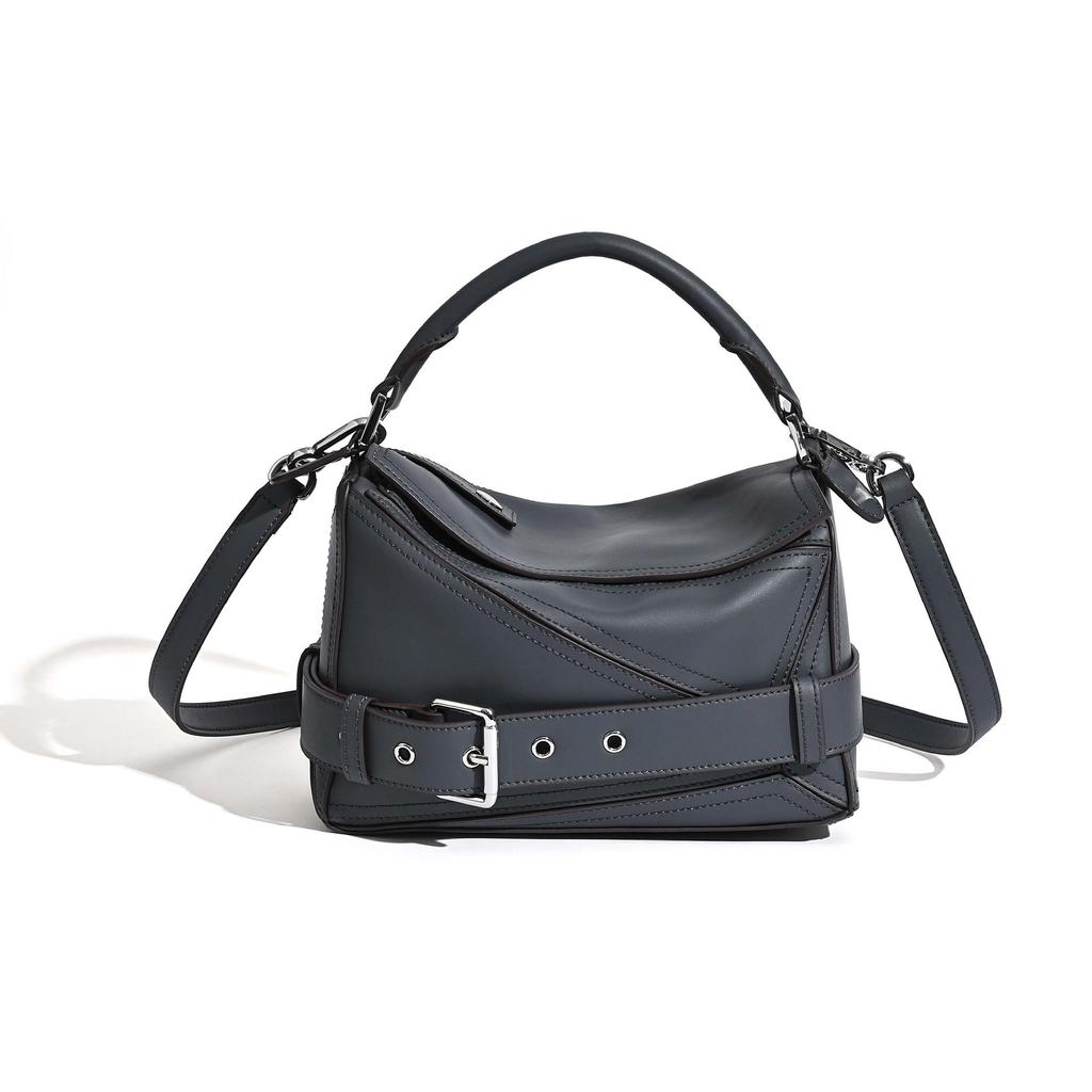 2025 Autumn Geometric Cowhide Crossbody Biker Bag - Large Capacity Genuine Leather Handbag for Women