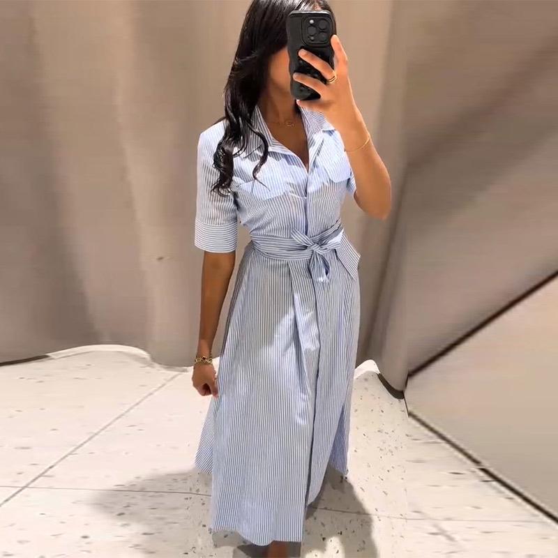 Women's Collar Tied Striped Dress for Daily Wear Blue Striped Fresh Style Summer New Temperament Style Belt Decoration Women's Leisure Dress