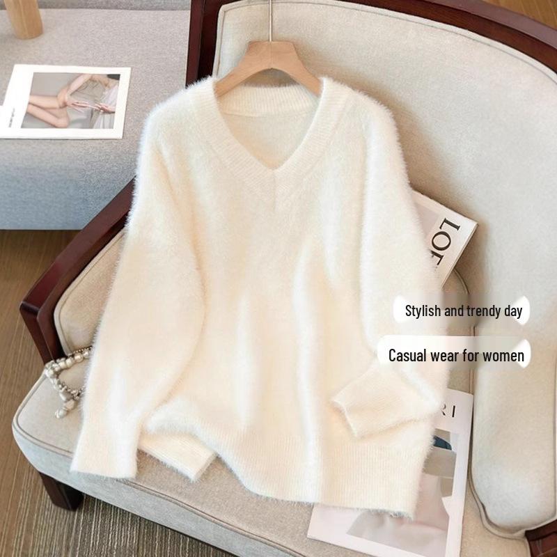 Women's Plus Size French V-Neck Mink Sweater - Autumn/Winter Loose, Soft, and Slimming Top