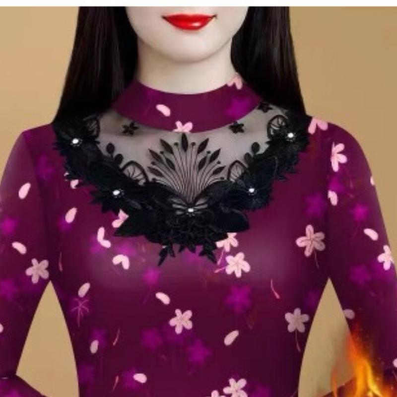New Integrated Velvet Double-sided German Velvet Printed Lace Lace Plus Velvet Warm Base Shirt for Women Beaded T-shirt