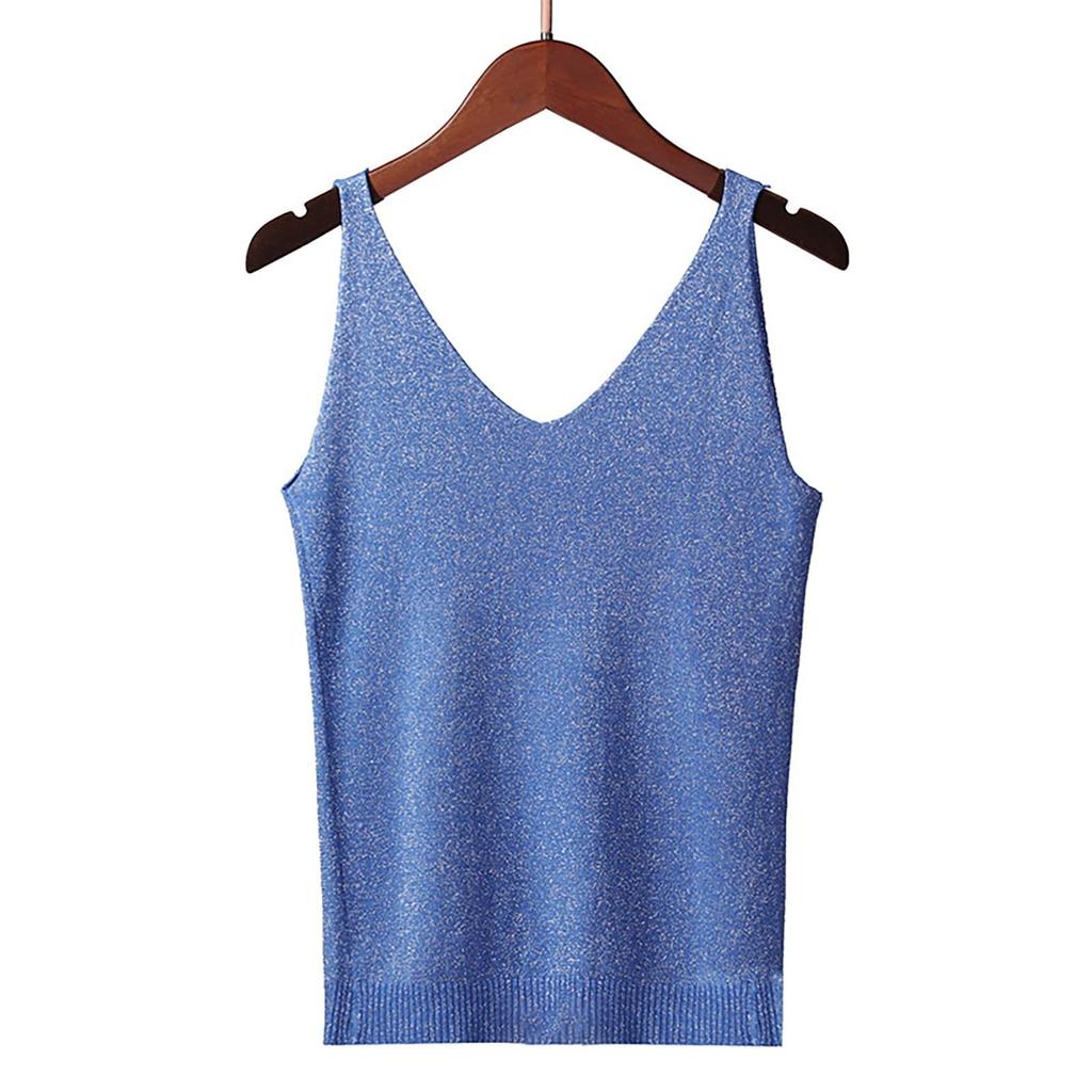 Women's Tank Top With Knitted Sequins Sexy Sleeveless V Neck Tank Top T-Shirt Casual Sequins Strappy T-Shirt Elegant Blouse