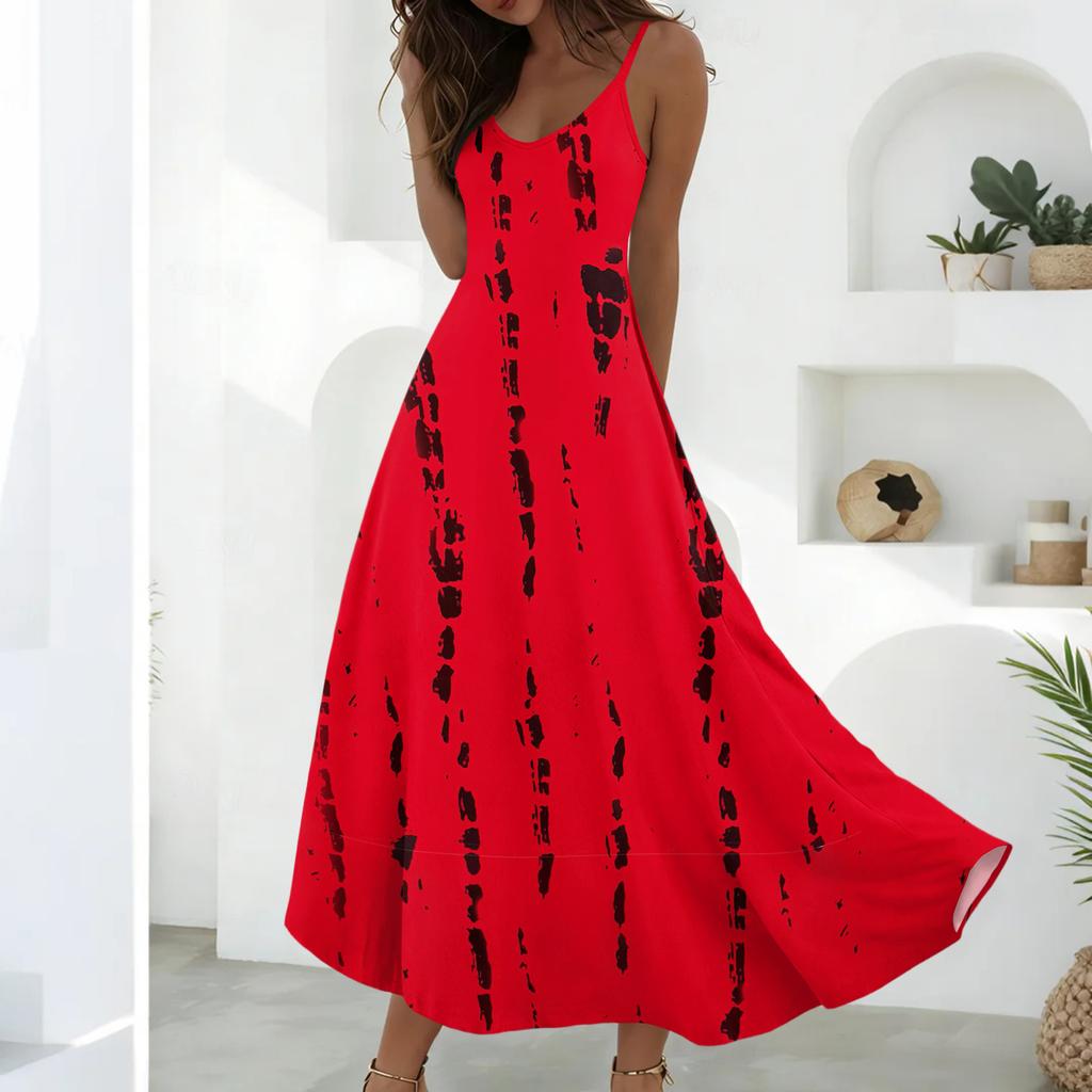 Women’s Sleeveless V Neck Maxi Dress Summer Geometric Floral Print Loose Fit Long Dress with Adjustable Straps