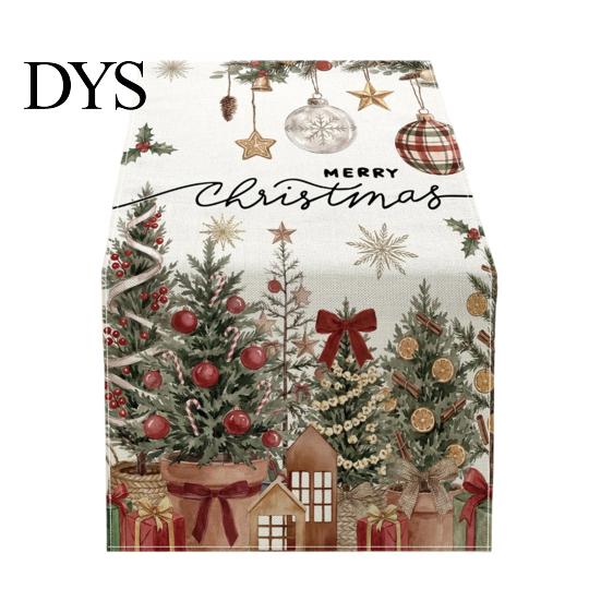 Farmhouse Table Runner Linen Christmas Runner, Winter Reindeer Santa Seasonal Home Decorations Prints, Tabletop Overlay for Holiday Dining Decor