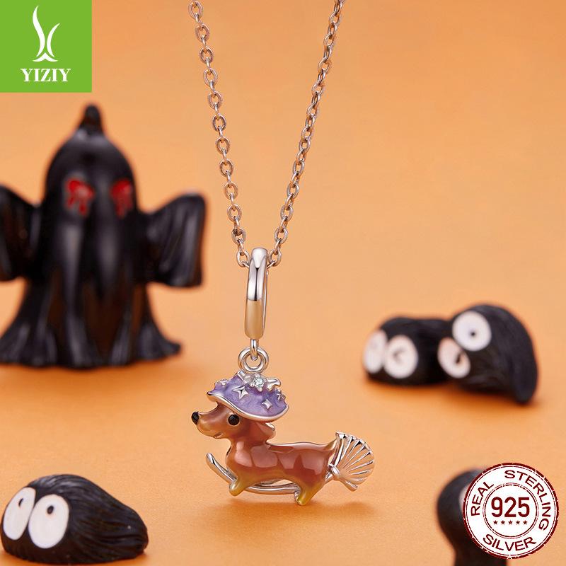 Halloween Magic Dachshund Pendant Accessories Personalized Cute Broom S925 Sterling Silver Beaded