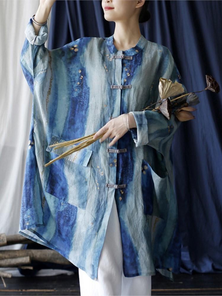 

Women Loose Long Sleeve Blouses with Pockets Autumn Ramie Button Shirts Tops Johnature синий