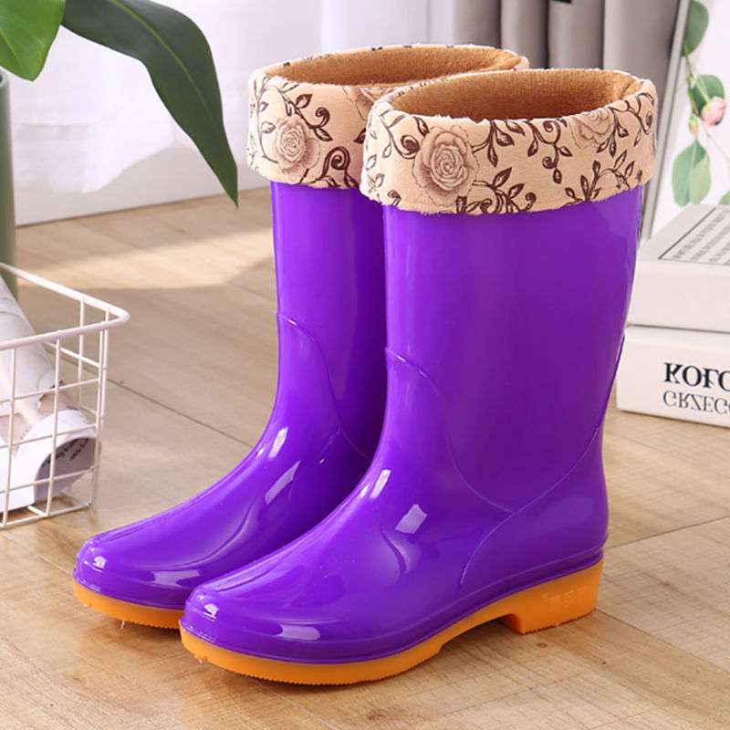 High rain boots rain shoes waterproof shoes glue shoe cover shoes women's fashion medium tube velvet cotton warm adult non-slip kitchen summer
