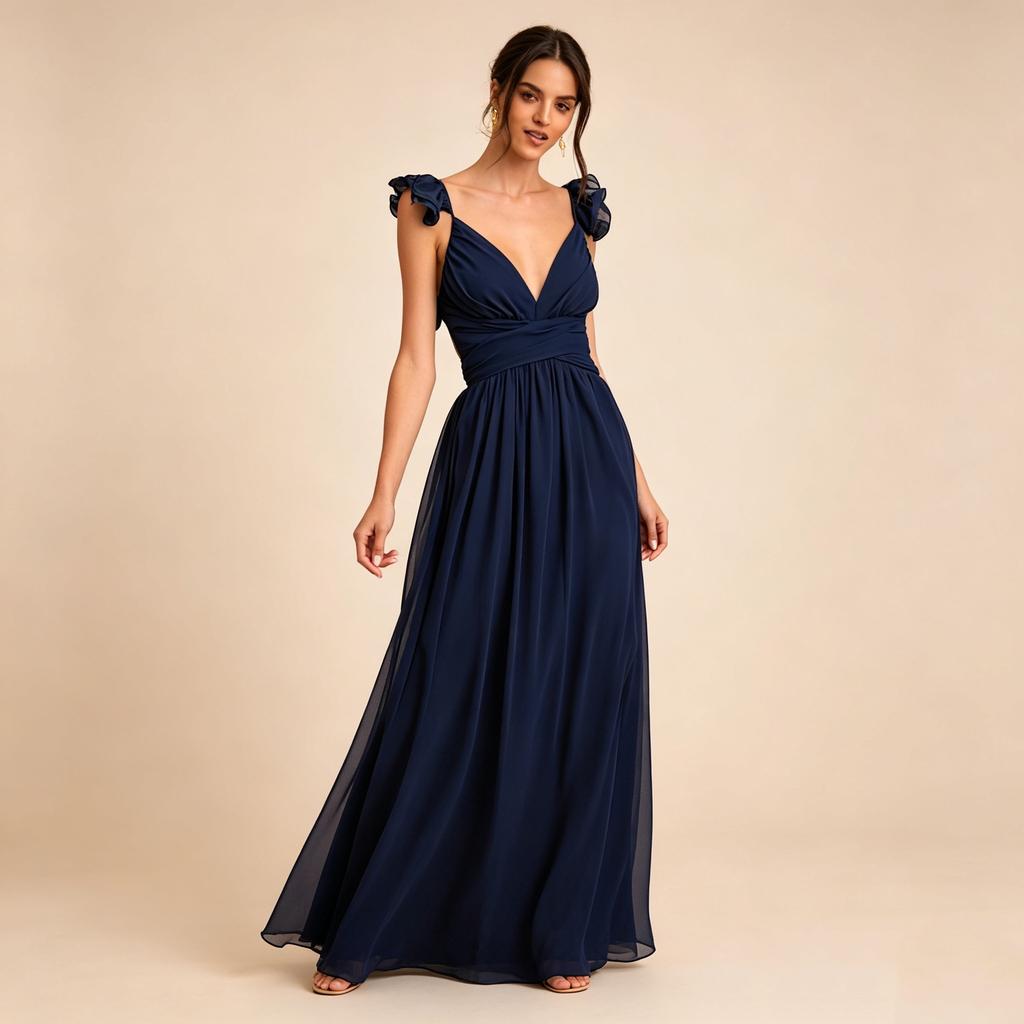Women's clothing popular ruffle leaf edge chiffon dress backless cross strap waist European and American style long dress women