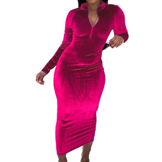 Women Autumn Winter Long Sleeve Solid Color Zipper Bodycon Midi Party Dress   buy the best products in the Ayzeze online store