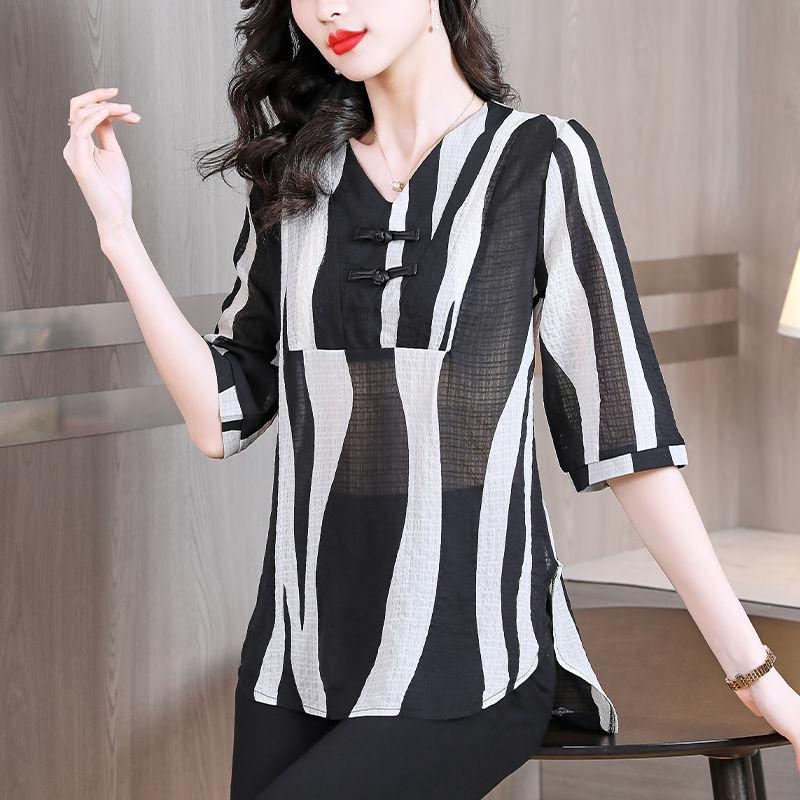Camisa Vintage con Hebilla de Disco China Ropa de Mujer Estampada Elegante de Verano de Manga Corta Suelta Blusa Casual Elegante con Cuello en V