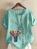 Women's Fashion Flower Elephant Print Round Neck Short Sleeve T-shirt Casual Cotton Linen Graphic Shirt Leisure Loose Summer Blouse Tops