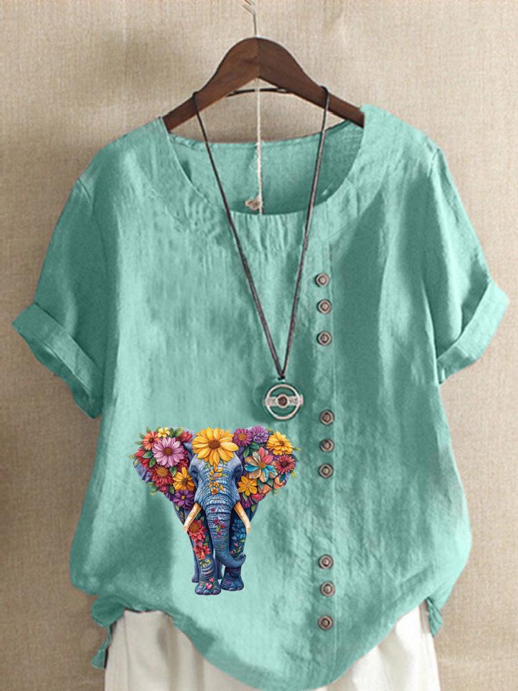 Women's Fashion Flower Elephant Print Round Neck Short Sleeve T-shirt Casual Cotton Linen Graphic Shirt Leisure Loose Summer Blouse Tops