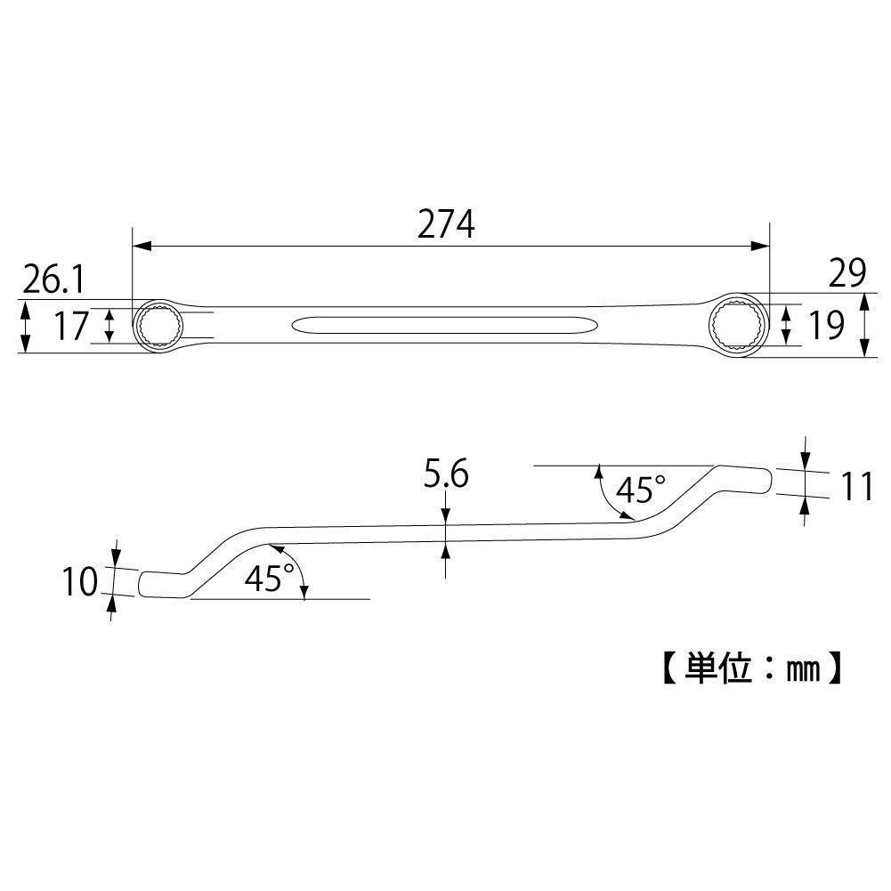 TOP Made In Double-Ended Open-End Wrench, 17x19mm, 45° Offset, Forged, Japan, TM-17x19