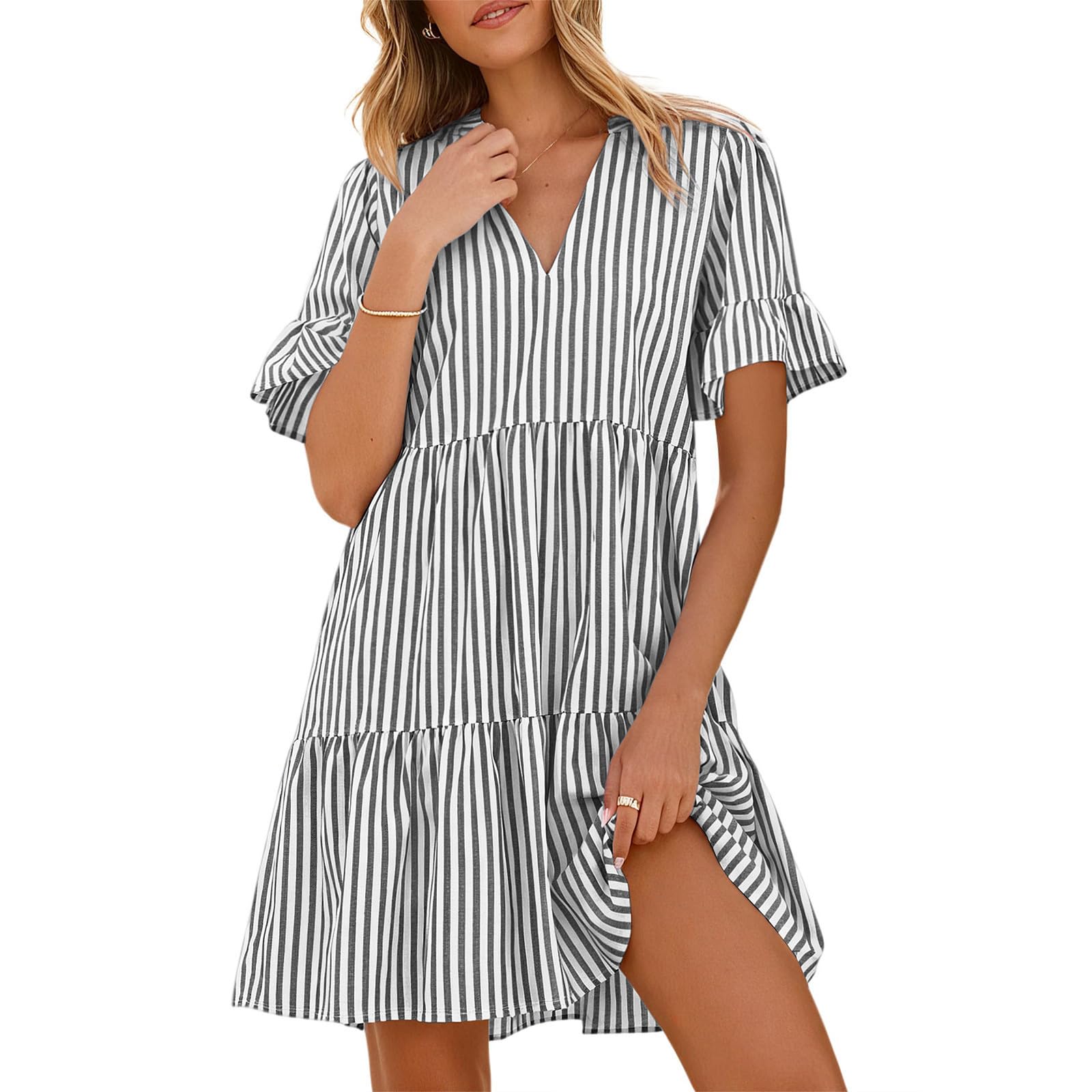 

Women Casual Loose Fit Striped V Neck Ruffle Sleeve Dress with Pockets Lightweight Summer Dress for Daily Wear L чёрный