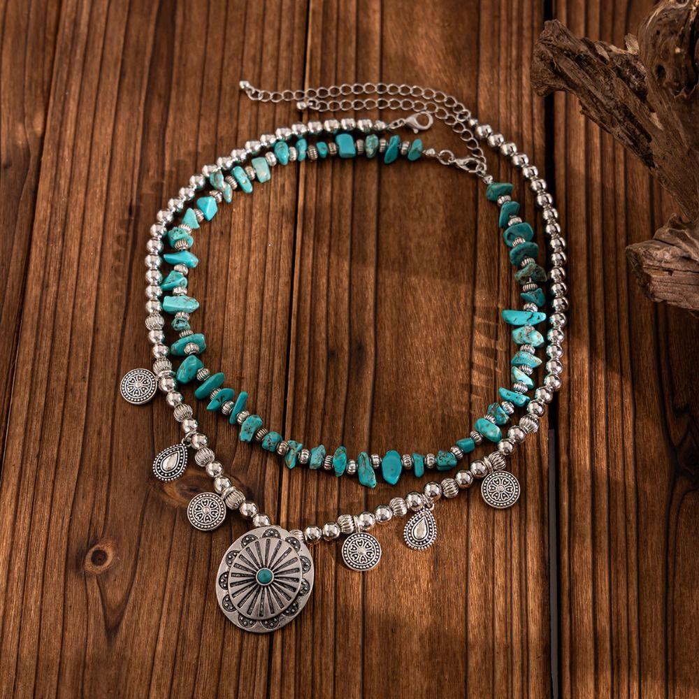 Round Pendant Multi Layer Necklace CCB Beaded Clavicle Chain Trendy Irregular Stone Necklace  Party