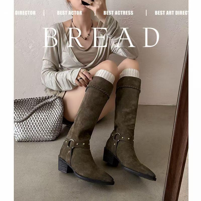 Inside And Outside Full Leather Style Retro Martin Knight Tall Tube Winter Round Head Thick Middle Heel Knight Boots Western Boots Women