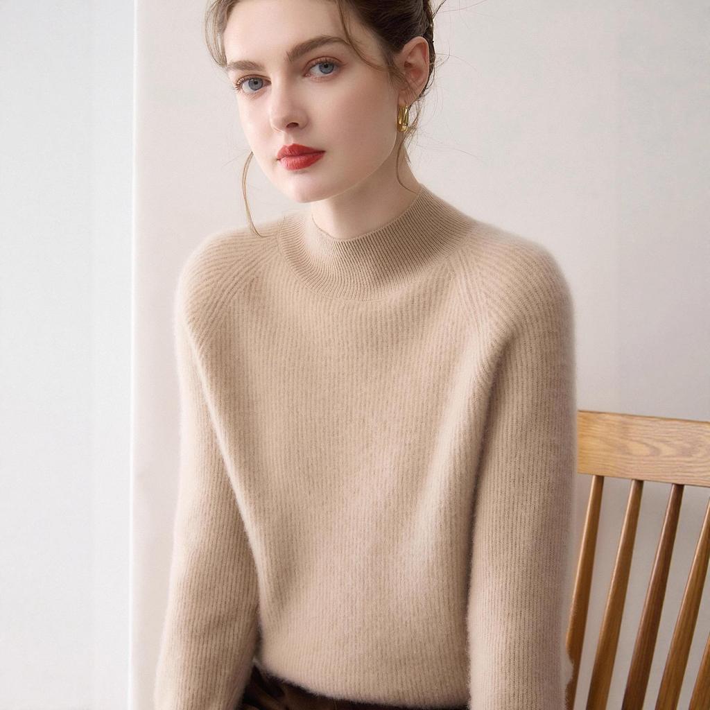 Women's Cashmere Knit Top, Half-High Neck, Loose Fit, Slimming, Thick Sweater for Autumn/Winter