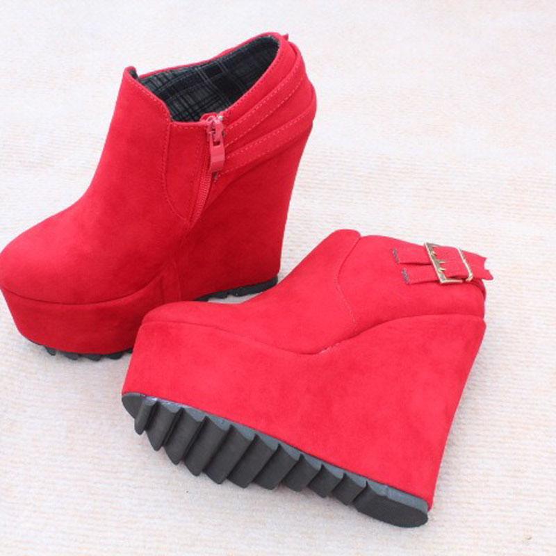 New Arrival High Heels Ankle Boots for Women 15 Cm Wedges Shoes Woman Red Black Custom Design Platform Boots Winter WSH5005