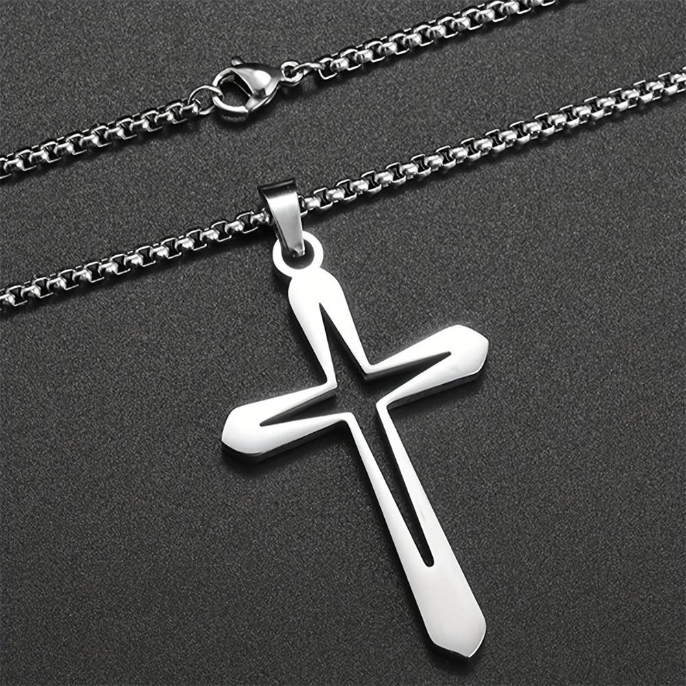 Religious Talisman Hollow Cross Pendant Necklace for Men Silver Color Hip Hop Metal Cross Necklace Christian Amulet Jewelry