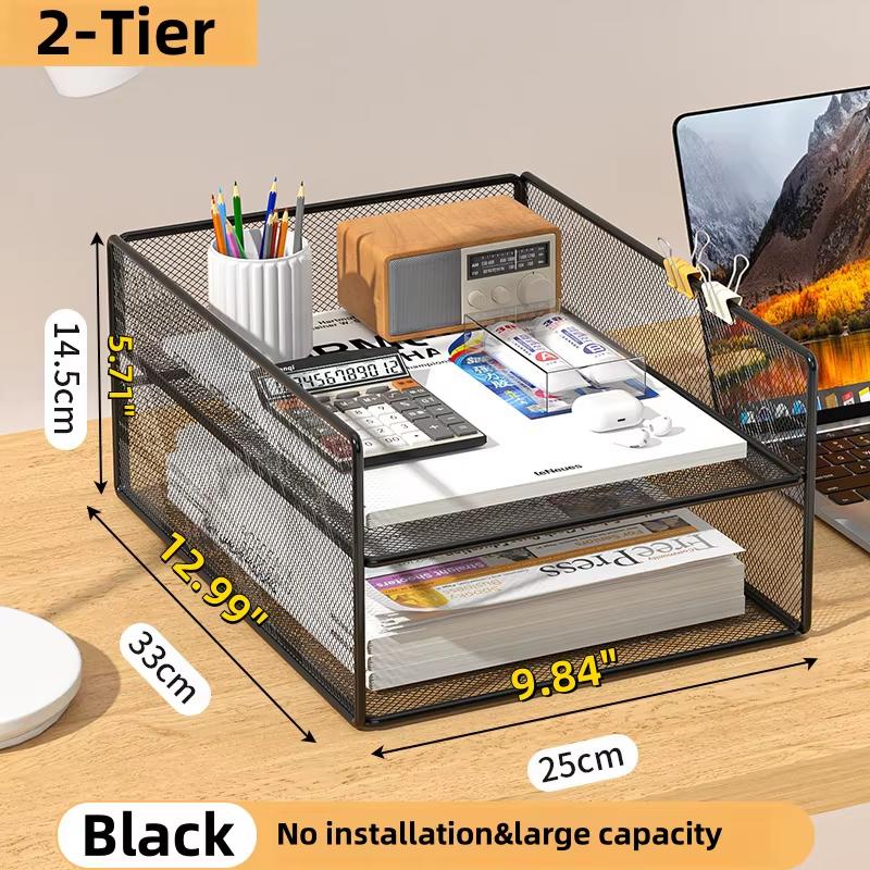 Sturdy Metal Desk Organizer-Multi-Functional Mesh Design for Books, Papers, Stationery & Office Supplies, Durable Black.