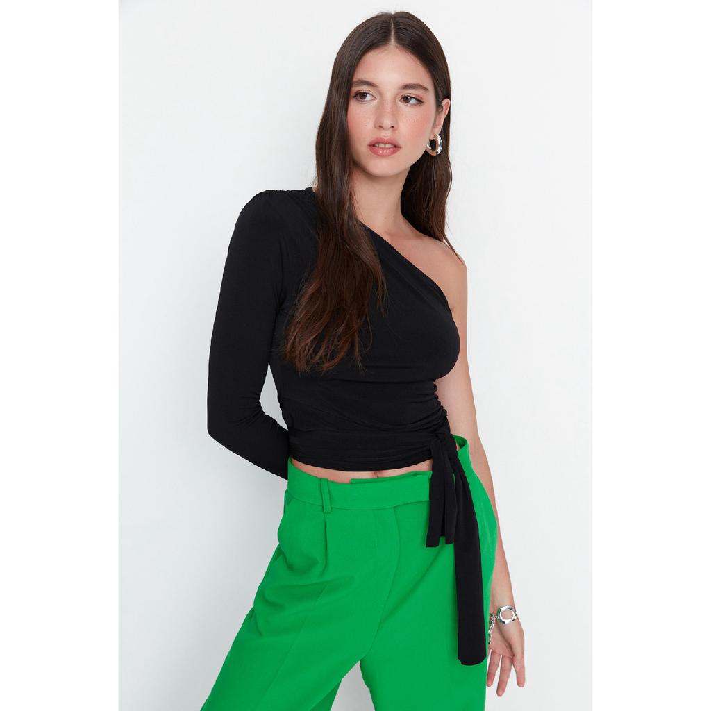 Claret Red Slim Tie Detailed Single Sleeve Crop Stretchy Knitted Blouse Twoaw23bz00094