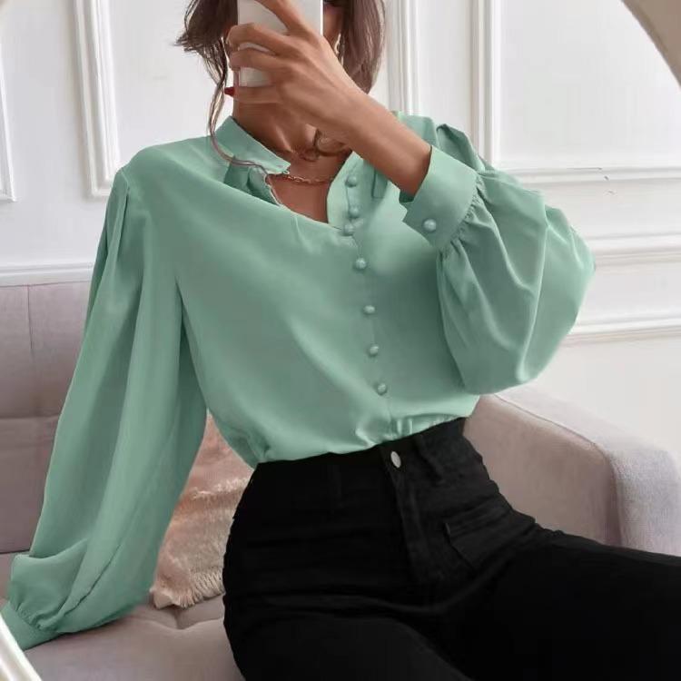 Button Up Elegant Women's Long Sleeve Solid Color Loose Fit Lapel Shirt