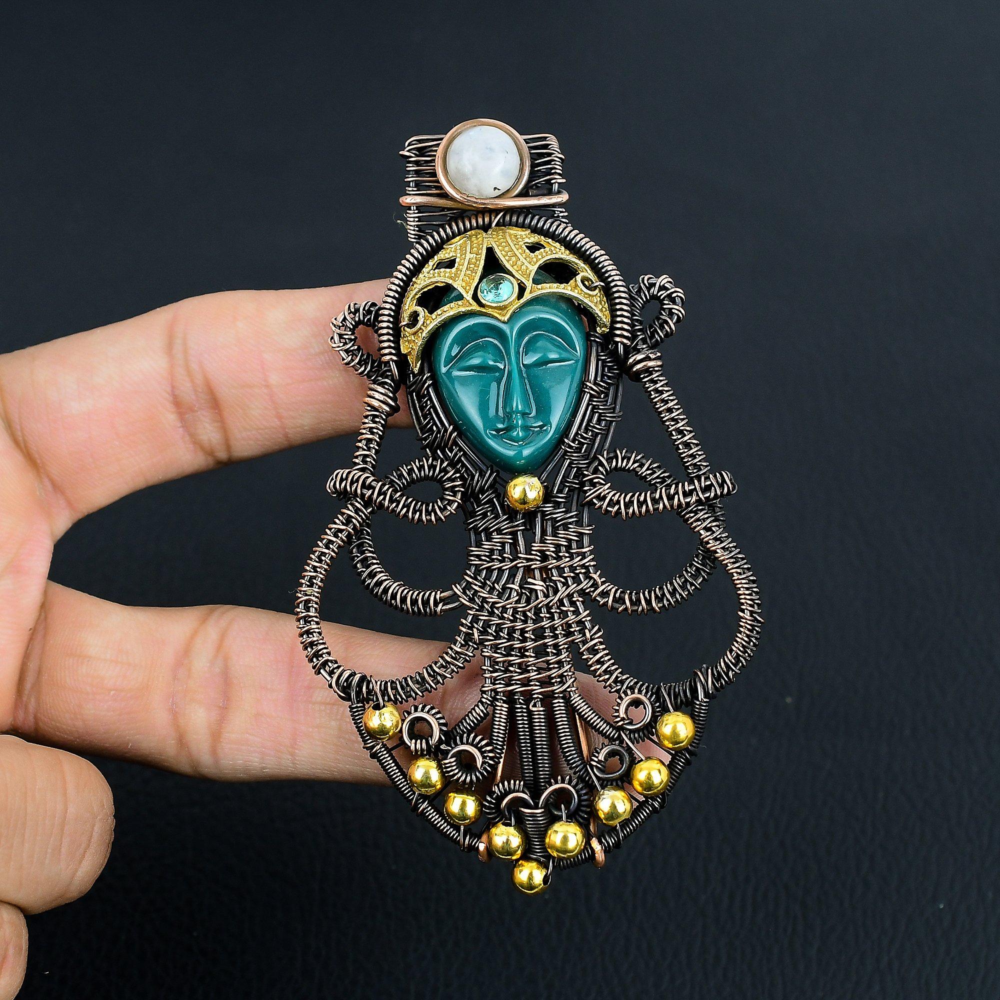 

Carved Green Face & Moonstone Jewelry, 999 Copper Wire Wrapped Pendant Handmade Gemstone Jewelry, Gifts For Wife Brand New Pendant 2.55 Inches