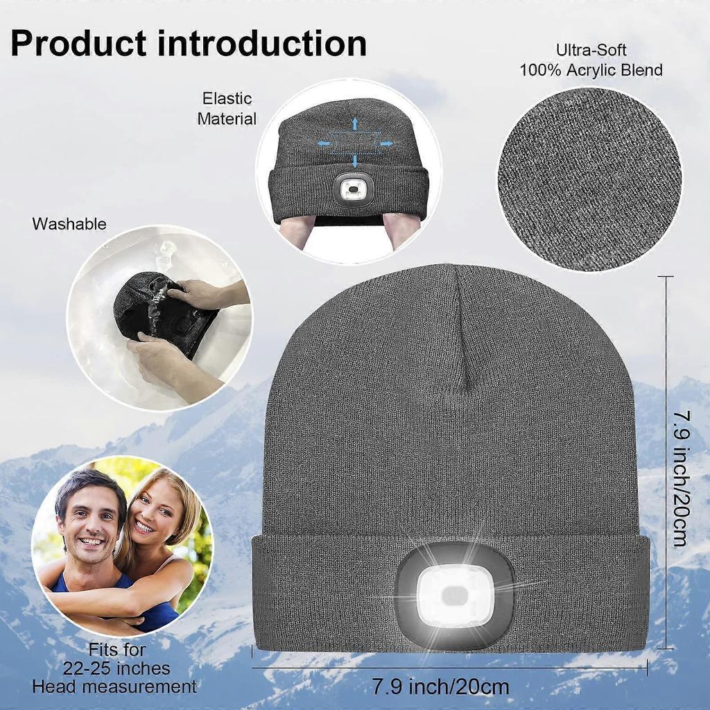 LED Lighted Beanie Cap for Adults, USB Rechargeable 4 LED Headlamp Hat, Unisex Winter Knit Hat Torch