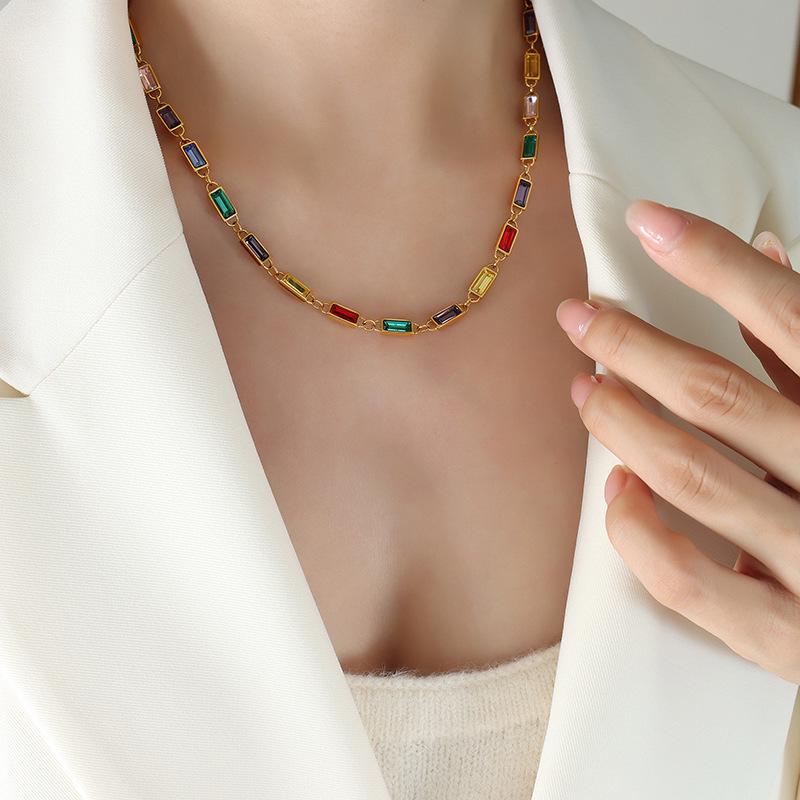 Colorful Retro Rhinestone Patchwork Necklace & Colorfast Bracelet - Simple Titanium Steel Dopamine Jewelry