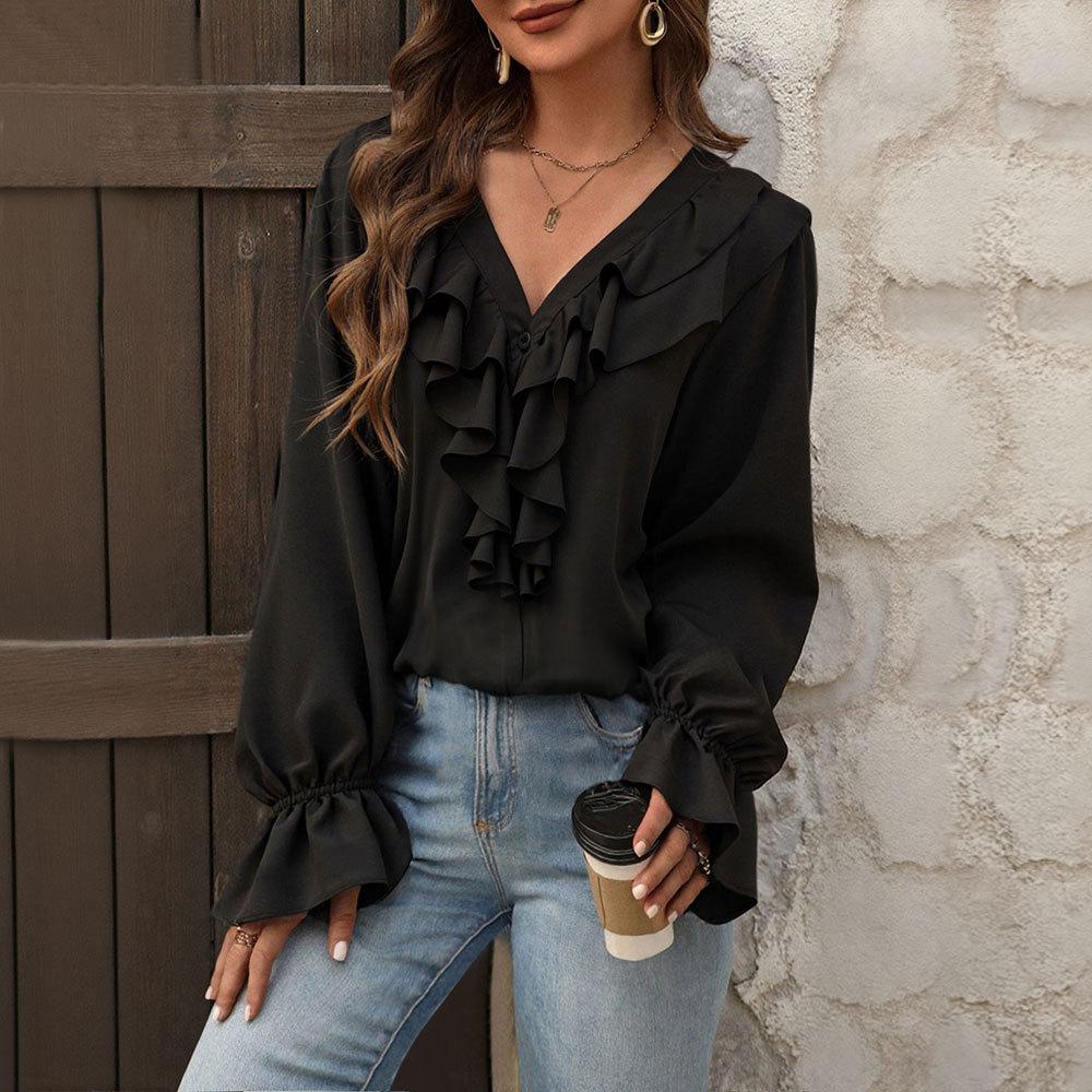 Abbigliamento donna europeo e americano autunno nuovo scollo a V bordo a balze temperamento elegante camicia donna