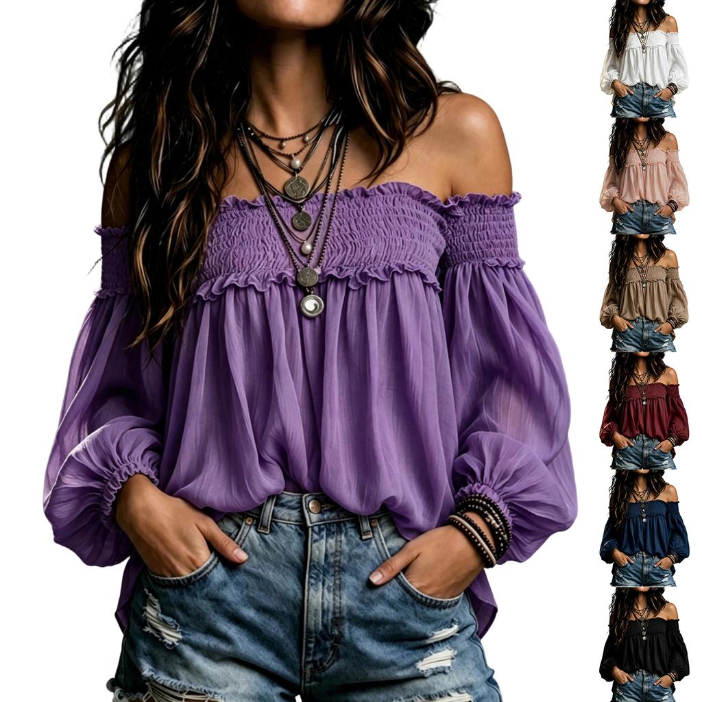Women's Off-Shoulder Smocked Top, Color Casual Bouse Shirt for Everyday Wear